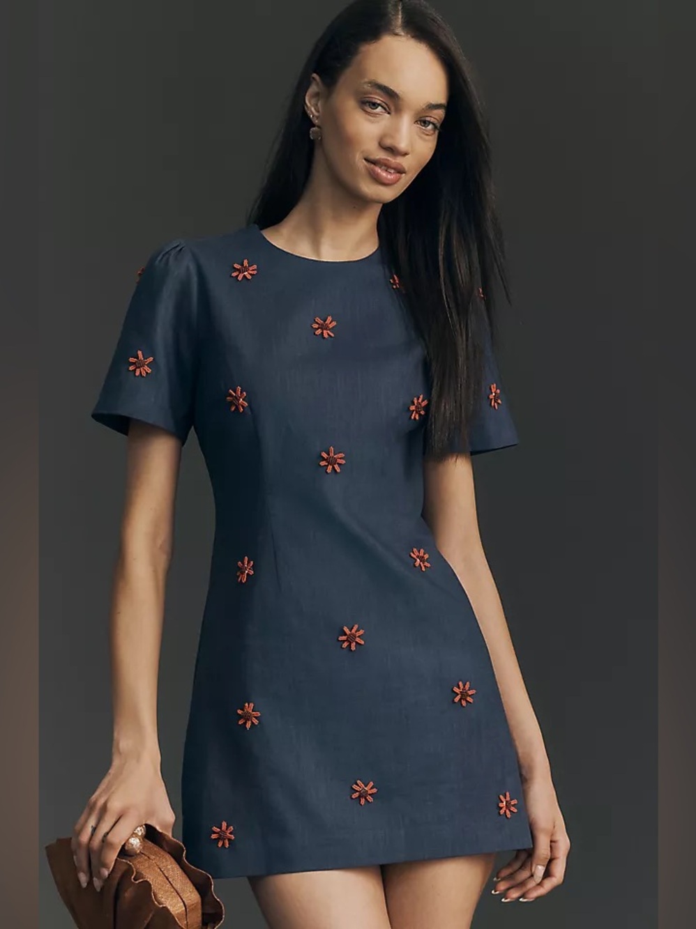 Maude Club Dawn Short-Sleeve Embroidered Mini Dress in Navy Size S NWT